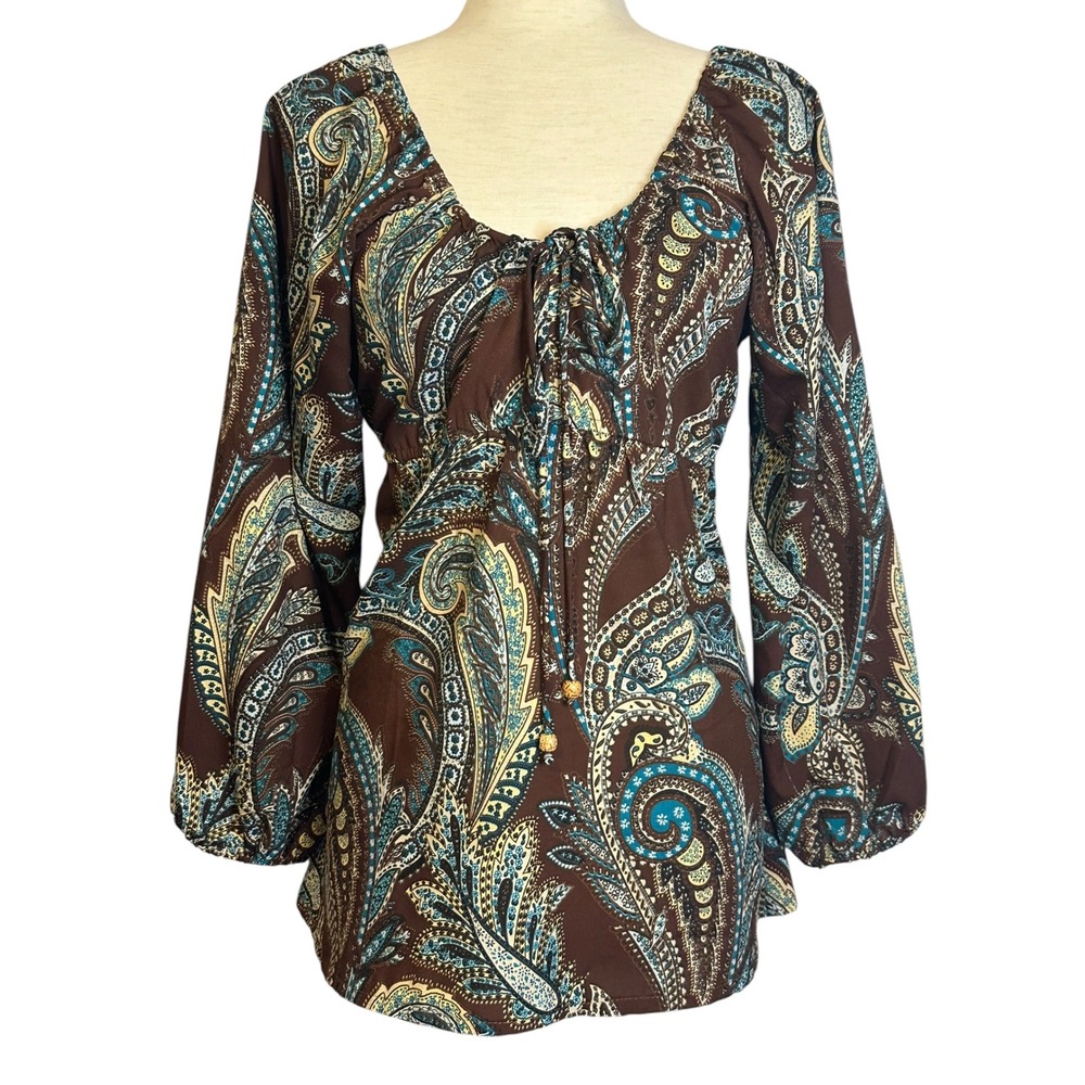 Earthbound Trading Co Brown Paisley Boho Empire Waist Babydoll Top M Coquette